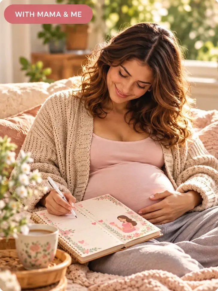 With Mama & Me: a calm expecting mom smiling as she writes in her journal