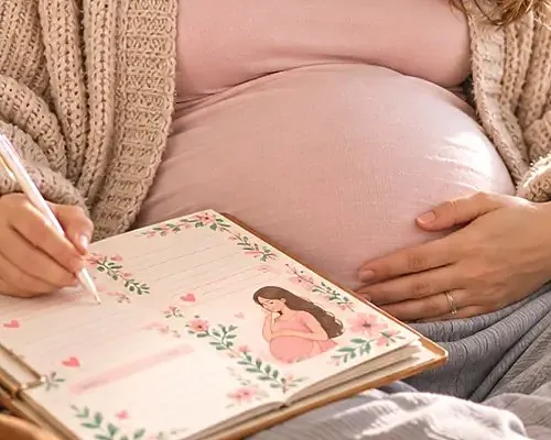 Mom writing in her journal with a hand on her bump